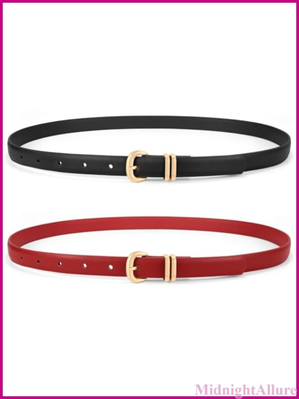WHIPPY 2 Pack Skinny PU Leather Belts Thin C-Shaped Gold Buckle